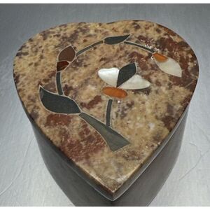 Vintage Inlayed Stone Heart  Shaped Trinket Box Made in India 3" x 2.5"x1.5"‎